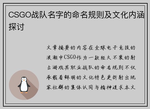 CSGO战队名字的命名规则及文化内涵探讨