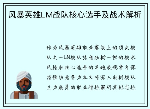 风暴英雄LM战队核心选手及战术解析